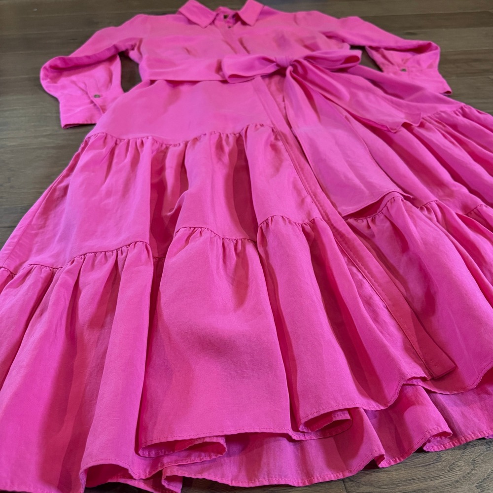 Kobi Halperin Pink Tencel Linen Tiered Midi Shirt Dress XL Hot Pink Long‎ Slv - Picture 4 of 8